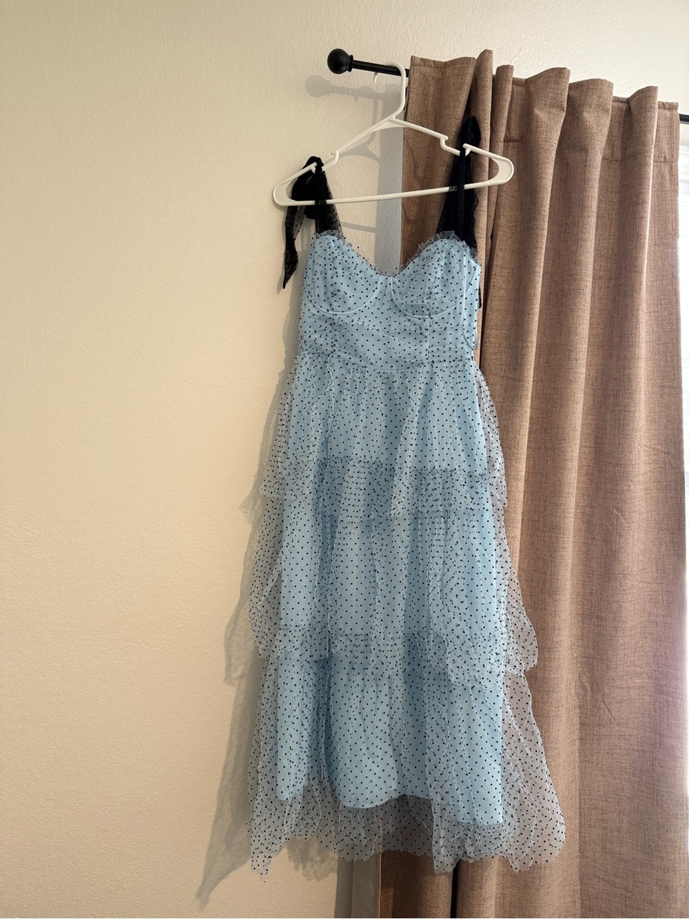 Vici Light Blue Polka Dot Tulle Tiered Dress with Black Tie Straps